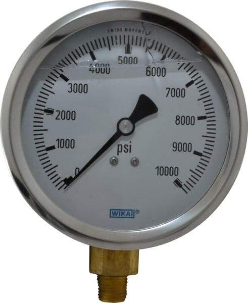 Wika - 4" Dial, 1/4 Thread, 0-10,000 Scale Range, Pressure Gauge - Lower Connection Mount, Accurate to 1% of Scale - USA Tool & Supply