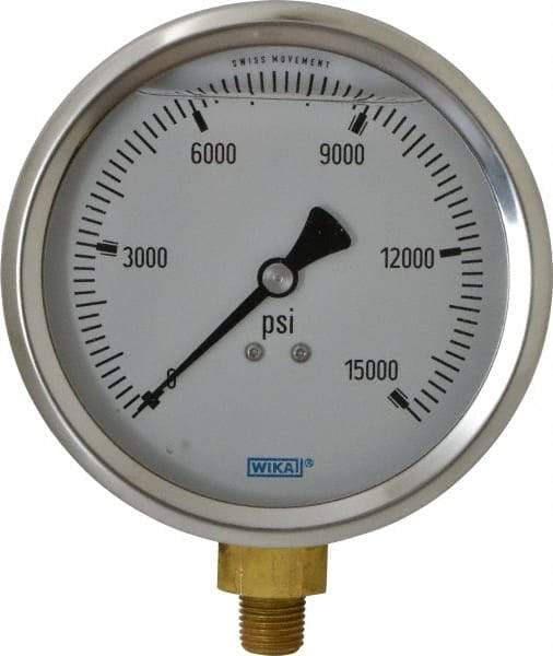 Wika - 4" Dial, 1/4 Thread, 0-15,000 Scale Range, Pressure Gauge - Lower Connection Mount, Accurate to 1% of Scale - USA Tool & Supply