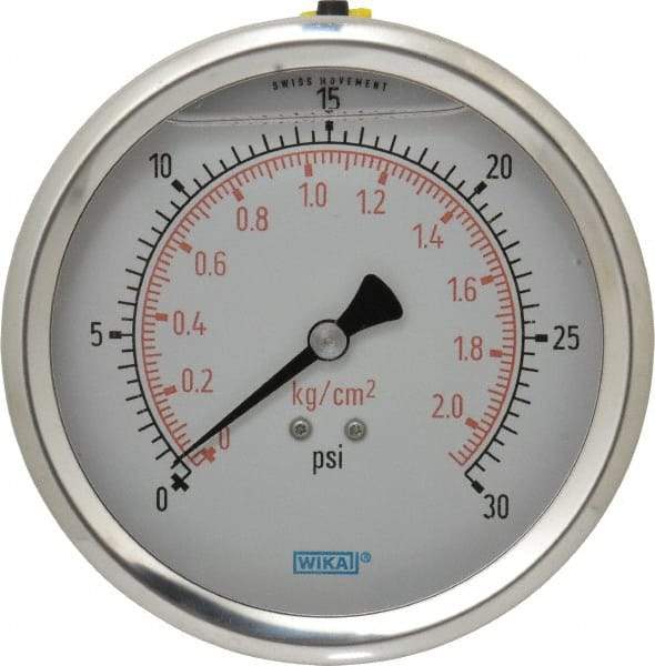 Wika - 4" Dial, 1/4 Thread, 0-30 Scale Range, Pressure Gauge - Lower Back Connection Mount, Accurate to 1% of Scale - USA Tool & Supply