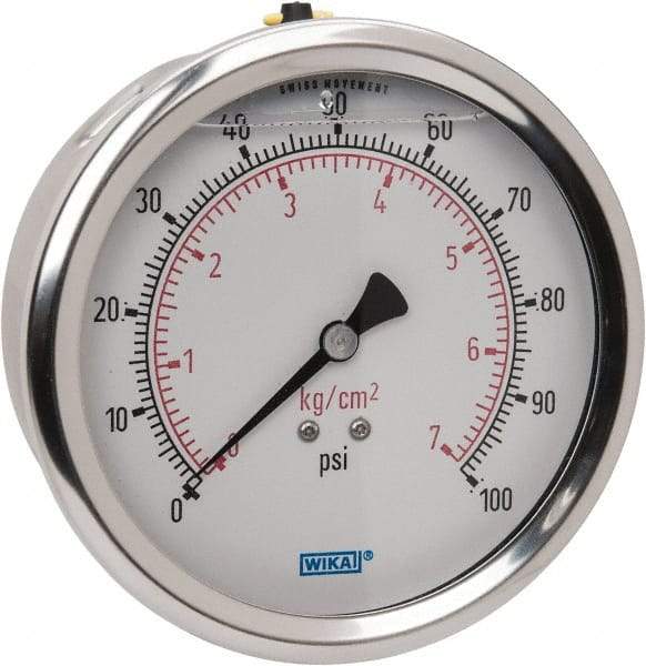 Wika - 4" Dial, 1/4 Thread, 0-100 Scale Range, Pressure Gauge - Lower Back Connection Mount, Accurate to 1% of Scale - USA Tool & Supply