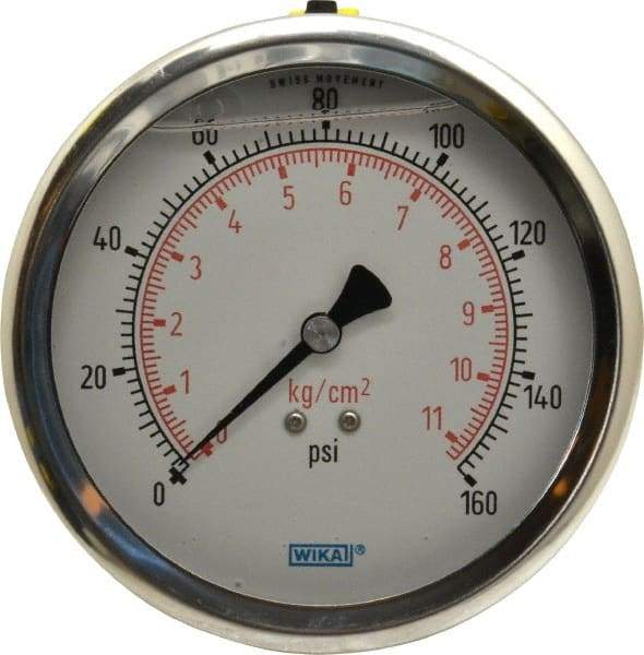 Wika - 4" Dial, 1/4 Thread, 0-160 Scale Range, Pressure Gauge - Lower Back Connection Mount, Accurate to 1% of Scale - USA Tool & Supply