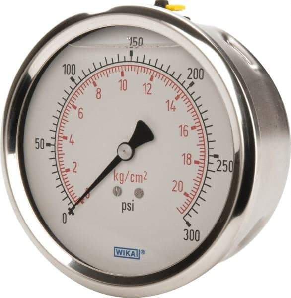 Wika - 4" Dial, 1/4 Thread, 0-300 Scale Range, Pressure Gauge - Lower Back Connection Mount, Accurate to 1% of Scale - USA Tool & Supply