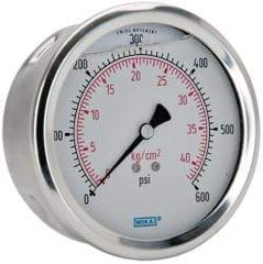 Wika - 4" Dial, 1/4 Thread, 0-600 Scale Range, Pressure Gauge - Lower Back Connection Mount, Accurate to 1% of Scale - USA Tool & Supply