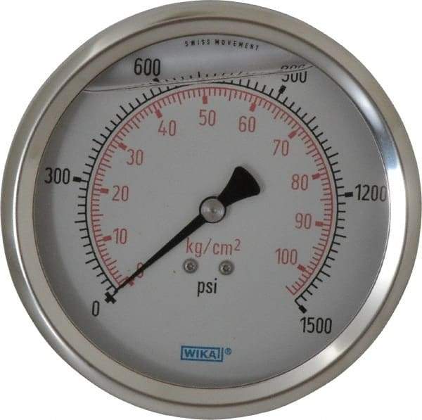 Wika - 4" Dial, 1/4 Thread, 0-1,500 Scale Range, Pressure Gauge - Lower Back Connection Mount, Accurate to 1% of Scale - USA Tool & Supply
