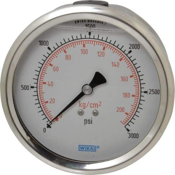 Wika - 4" Dial, 1/4 Thread, 0-3,000 Scale Range, Pressure Gauge - Lower Back Connection Mount, Accurate to 1% of Scale - USA Tool & Supply