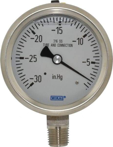 Wika - 2-1/2" Dial, 1/4 Thread, 30-0 Scale Range, Pressure Gauge - Lower Connection Mount, Accurate to 1.5% of Scale - USA Tool & Supply