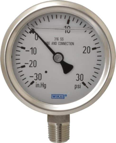 Wika - 2-1/2" Dial, 1/4 Thread, 30-0-30 Scale Range, Pressure Gauge - Lower Connection Mount, Accurate to 1.5% of Scale - USA Tool & Supply