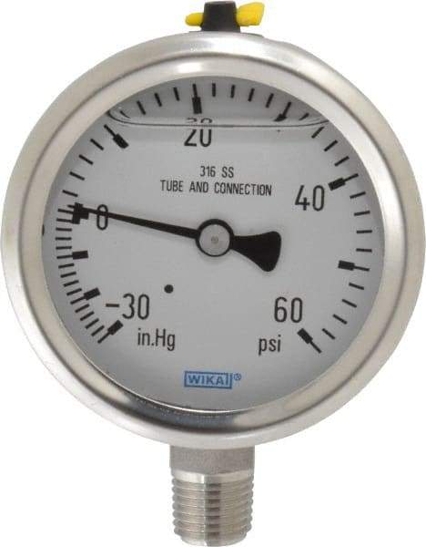 Wika - 2-1/2" Dial, 1/4 Thread, 30-0-60 Scale Range, Pressure Gauge - Lower Connection Mount, Accurate to 1.5% of Scale - USA Tool & Supply