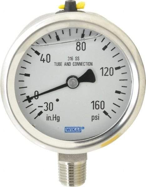 Wika - 2-1/2" Dial, 1/4 Thread, 30-0-160 Scale Range, Pressure Gauge - Lower Connection Mount, Accurate to 1.5% of Scale - USA Tool & Supply