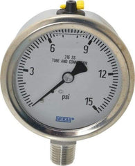 Wika - 2-1/2" Dial, 1/4 Thread, 0-15 Scale Range, Pressure Gauge - Lower Connection Mount, Accurate to 1.5% of Scale - USA Tool & Supply