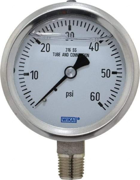 Wika - 2-1/2" Dial, 1/4 Thread, 0-60 Scale Range, Pressure Gauge - Lower Connection Mount, Accurate to 1.5% of Scale - USA Tool & Supply