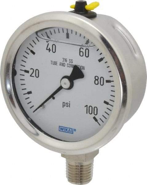 Wika - 2-1/2" Dial, 1/4 Thread, 0-100 Scale Range, Pressure Gauge - Lower Connection Mount, Accurate to 1.5% of Scale - USA Tool & Supply