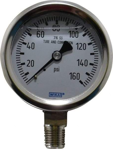 Wika - 2-1/2" Dial, 1/4 Thread, 0-160 Scale Range, Pressure Gauge - Lower Connection Mount, Accurate to 1.5% of Scale - USA Tool & Supply