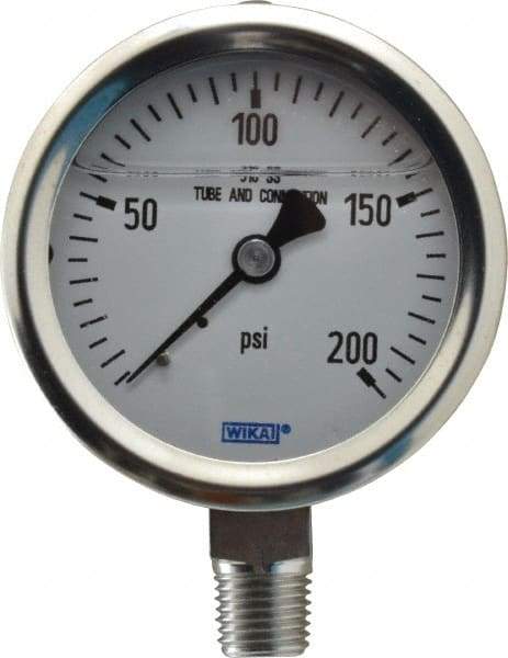 Wika - 2-1/2" Dial, 1/4 Thread, 0-200 Scale Range, Pressure Gauge - Lower Connection Mount, Accurate to 1.5% of Scale - USA Tool & Supply