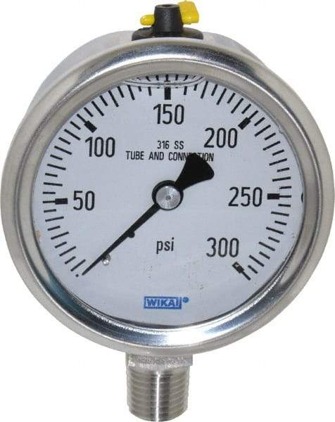 Wika - 2-1/2" Dial, 1/4 Thread, 0-300 Scale Range, Pressure Gauge - Lower Connection Mount, Accurate to 1.5% of Scale - USA Tool & Supply