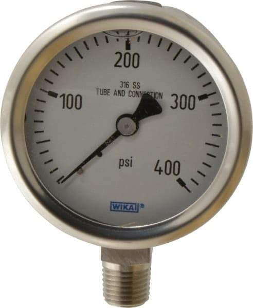 Wika - 2-1/2" Dial, 1/4 Thread, 0-400 Scale Range, Pressure Gauge - Lower Connection Mount, Accurate to 1.5% of Scale - USA Tool & Supply