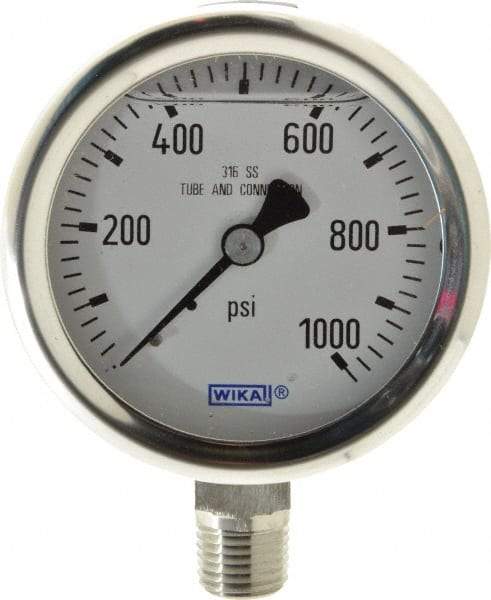 Wika - 2-1/2" Dial, 1/4 Thread, 0-1,000 Scale Range, Pressure Gauge - Lower Connection Mount, Accurate to 1.5% of Scale - USA Tool & Supply