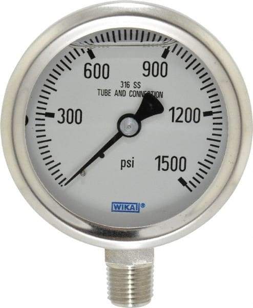 Wika - 2-1/2" Dial, 1/4 Thread, 0-1,500 Scale Range, Pressure Gauge - Lower Connection Mount, Accurate to 1.5% of Scale - USA Tool & Supply