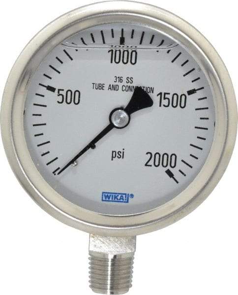 Wika - 2-1/2" Dial, 1/4 Thread, 0-2,000 Scale Range, Pressure Gauge - Lower Connection Mount, Accurate to 1.5% of Scale - USA Tool & Supply