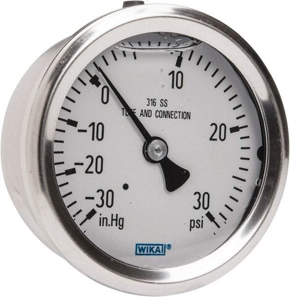 Wika - 2-1/2" Dial, 1/4 Thread, 30-0-30 Scale Range, Pressure Gauge - Center Back Connection Mount, Accurate to 1.5% of Scale - USA Tool & Supply