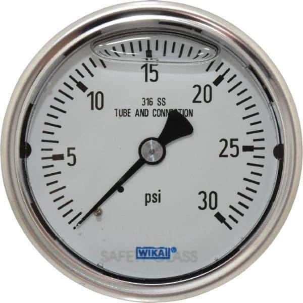 Wika - 2-1/2" Dial, 1/4 Thread, 0-30 Scale Range, Pressure Gauge - Center Back Connection Mount, Accurate to 1.5% of Scale - USA Tool & Supply