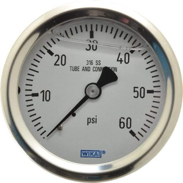 Wika - 2-1/2" Dial, 1/4 Thread, 0-60 Scale Range, Pressure Gauge - Center Back Connection Mount, Accurate to 1.5% of Scale - USA Tool & Supply