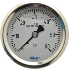 Wika - 2-1/2" Dial, 1/4 Thread, 0-60 Scale Range, Pressure Gauge - Center Back Connection Mount, Accurate to 1.5% of Scale - USA Tool & Supply
