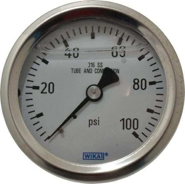 Wika - 2-1/2" Dial, 1/4 Thread, 0-100 Scale Range, Pressure Gauge - Center Back Connection Mount, Accurate to 1.5% of Scale - USA Tool & Supply