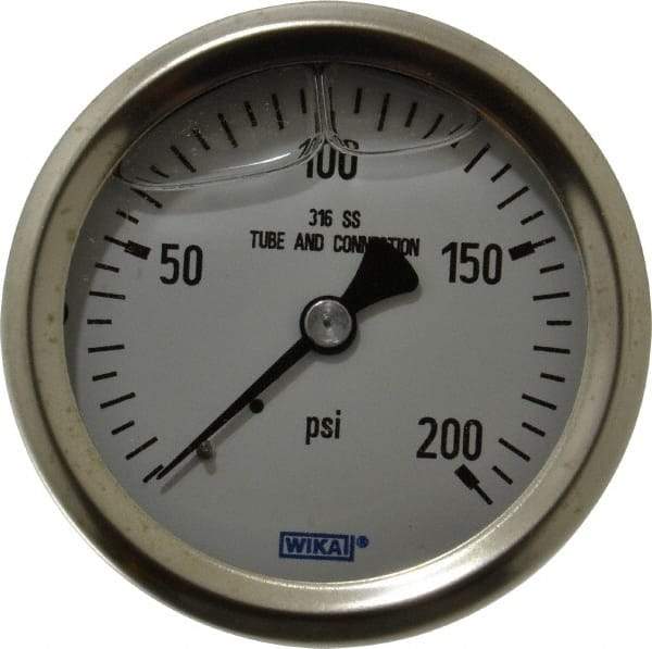 Wika - 2-1/2" Dial, 1/4 Thread, 0-200 Scale Range, Pressure Gauge - Center Back Connection Mount, Accurate to 1.5% of Scale - USA Tool & Supply