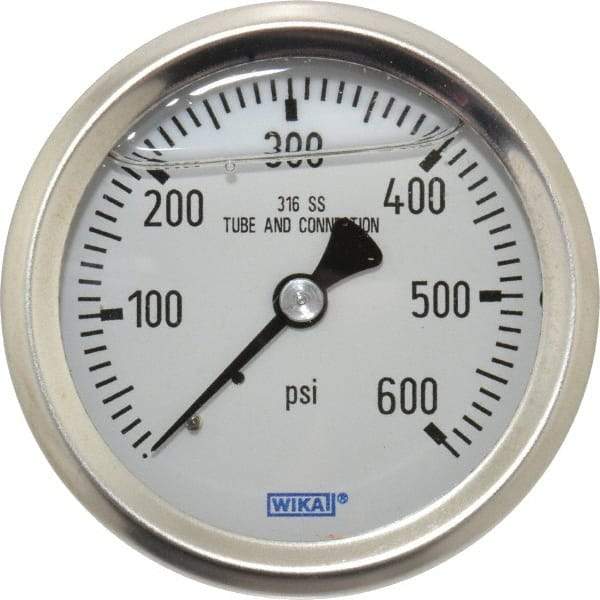 Wika - 2-1/2" Dial, 1/4 Thread, 0-600 Scale Range, Pressure Gauge - Center Back Connection Mount, Accurate to 1.5% of Scale - USA Tool & Supply