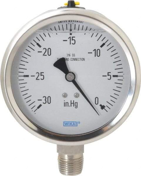 Wika - 4" Dial, 1/2 Thread, 30-0 Scale Range, Pressure Gauge - Lower Connection Mount, Accurate to 1% of Scale - USA Tool & Supply