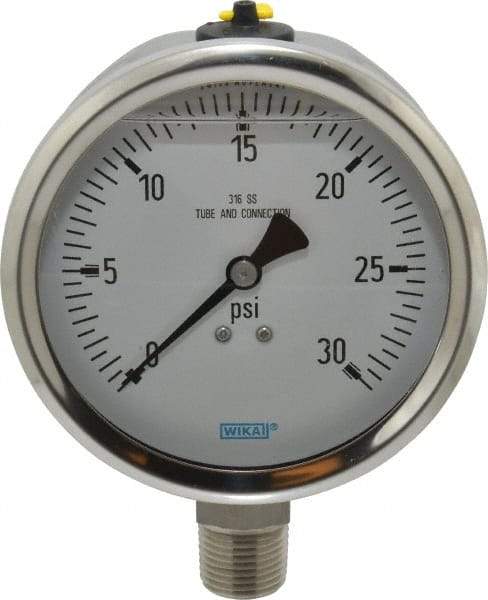 Wika - 4" Dial, 1/2 Thread, 0-30 Scale Range, Pressure Gauge - Lower Connection Mount, Accurate to 1% of Scale - USA Tool & Supply