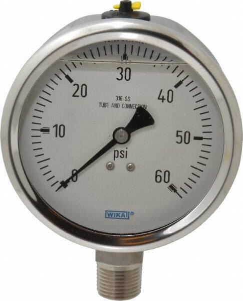 Wika - 4" Dial, 1/2 Thread, 0-60 Scale Range, Pressure Gauge - Lower Connection Mount, Accurate to 1% of Scale - USA Tool & Supply
