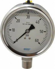 Wika - 4" Dial, 1/2 Thread, 0-60 Scale Range, Pressure Gauge - Lower Connection Mount, Accurate to 1% of Scale - USA Tool & Supply