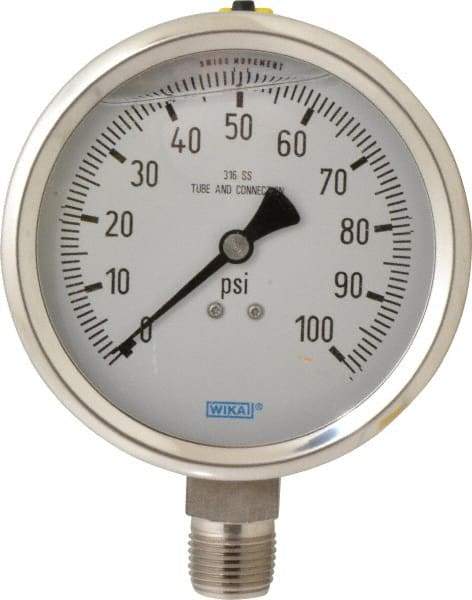 Wika - 4" Dial, 1/2 Thread, 0-100 Scale Range, Pressure Gauge - Lower Connection Mount, Accurate to 1% of Scale - USA Tool & Supply