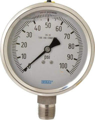 Wika - 4" Dial, 1/2 Thread, 0-100 Scale Range, Pressure Gauge - Lower Connection Mount, Accurate to 1% of Scale - USA Tool & Supply