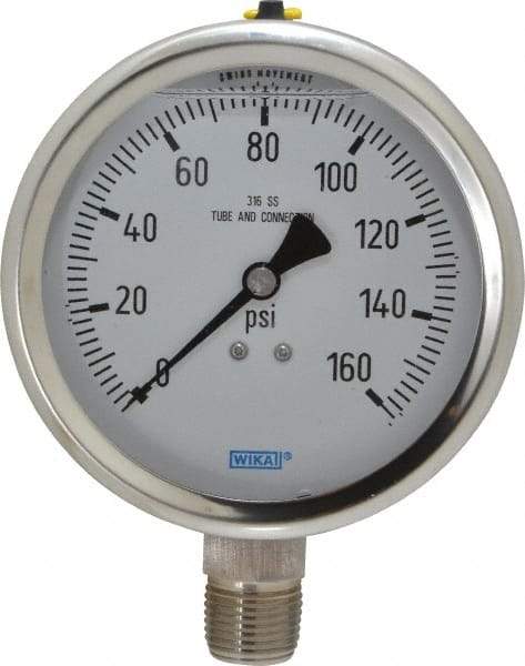 Wika - 4" Dial, 1/2 Thread, 0-160 Scale Range, Pressure Gauge - Lower Connection Mount, Accurate to 1% of Scale - USA Tool & Supply