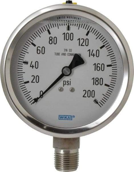 Wika - 4" Dial, 1/2 Thread, 0-200 Scale Range, Pressure Gauge - Lower Connection Mount, Accurate to 1% of Scale - USA Tool & Supply