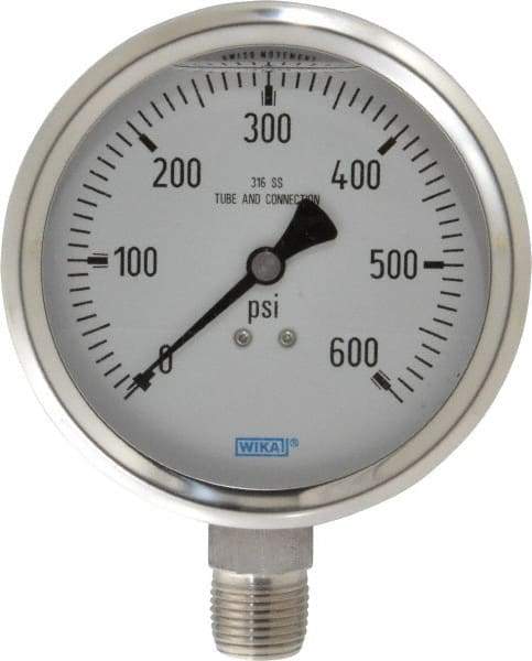 Wika - 4" Dial, 1/2 Thread, 0-600 Scale Range, Pressure Gauge - Lower Connection Mount, Accurate to 1% of Scale - USA Tool & Supply