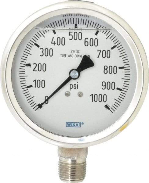 Wika - 4" Dial, 1/2 Thread, 0-1,000 Scale Range, Pressure Gauge - Lower Connection Mount, Accurate to 1% of Scale - USA Tool & Supply