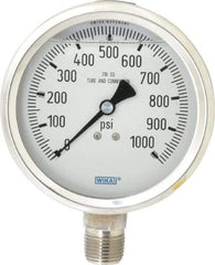 Wika - 4" Dial, 1/2 Thread, 0-1,000 Scale Range, Pressure Gauge - Lower Connection Mount, Accurate to 1% of Scale - USA Tool & Supply