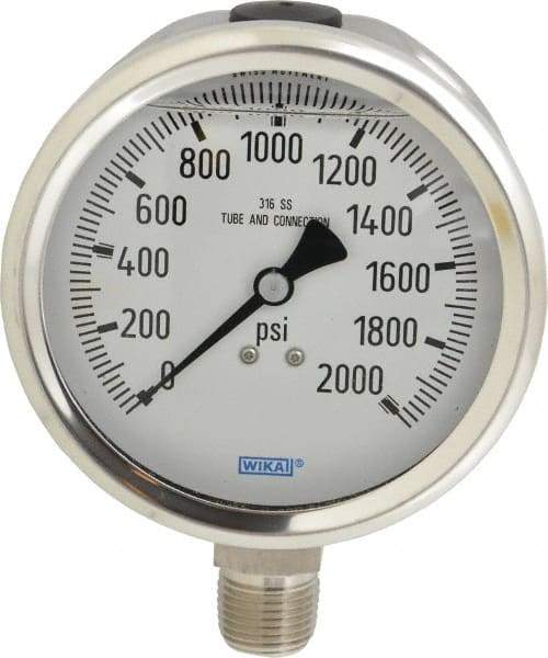 Wika - 4" Dial, 1/2 Thread, 0-2,000 Scale Range, Pressure Gauge - Lower Connection Mount, Accurate to 1% of Scale - USA Tool & Supply