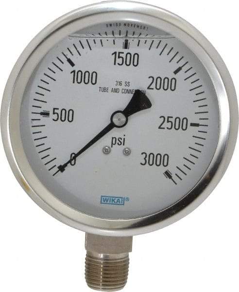 Wika - 4" Dial, 1/2 Thread, 0-3,000 Scale Range, Pressure Gauge - Lower Connection Mount, Accurate to 1% of Scale - USA Tool & Supply