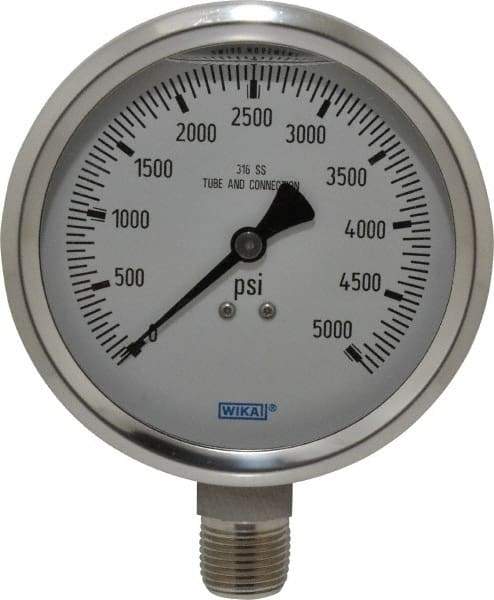 Wika - 4" Dial, 1/2 Thread, 0-5,000 Scale Range, Pressure Gauge - Lower Connection Mount, Accurate to 1% of Scale - USA Tool & Supply