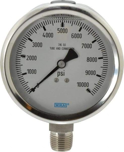 Wika - 4" Dial, 1/2 Thread, 0-10,000 Scale Range, Pressure Gauge - Lower Connection Mount, Accurate to 1% of Scale - USA Tool & Supply