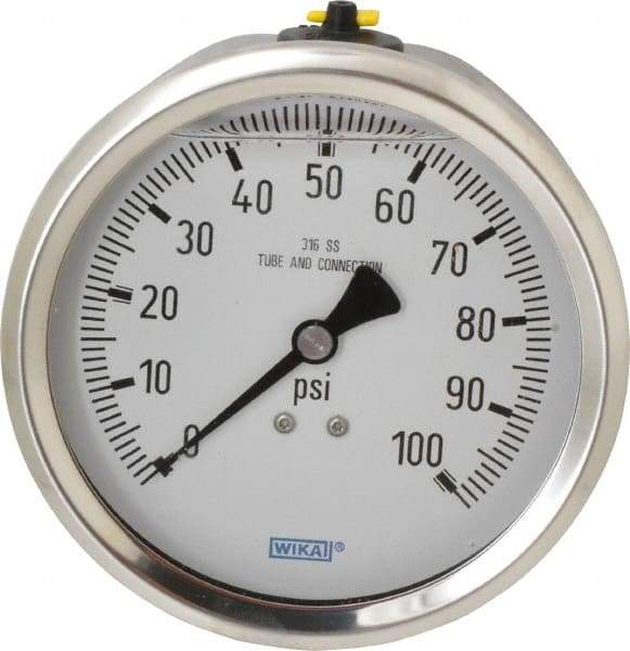 Wika - 4" Dial, 1/2 Thread, 0-100 Scale Range, Pressure Gauge - Lower Back Connection Mount, Accurate to 1% of Scale - USA Tool & Supply