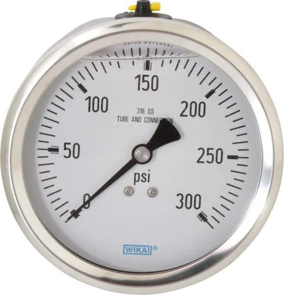 Wika - 4" Dial, 1/2 Thread, 0-300 Scale Range, Pressure Gauge - Lower Back Connection Mount, Accurate to 1% of Scale - USA Tool & Supply