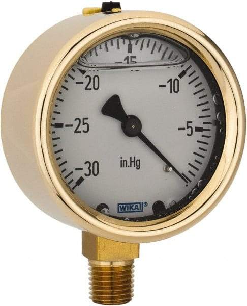 Wika - 2-1/2" Dial, 1/4 Thread, 30-0 Scale Range, Pressure Gauge - Lower Connection Mount, Accurate to 1.5% of Scale - USA Tool & Supply