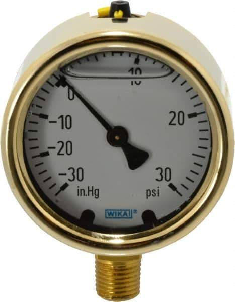 Wika - 2-1/2" Dial, 1/4 Thread, 30-0-30 Scale Range, Pressure Gauge - Lower Connection Mount, Accurate to 1.5% of Scale - USA Tool & Supply