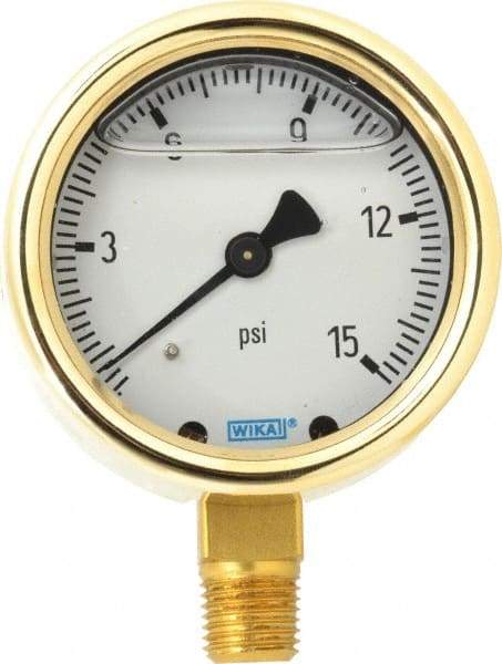 Wika - 2-1/2" Dial, 1/4 Thread, 0-15 Scale Range, Pressure Gauge - Lower Connection Mount, Accurate to 1.5% of Scale - USA Tool & Supply
